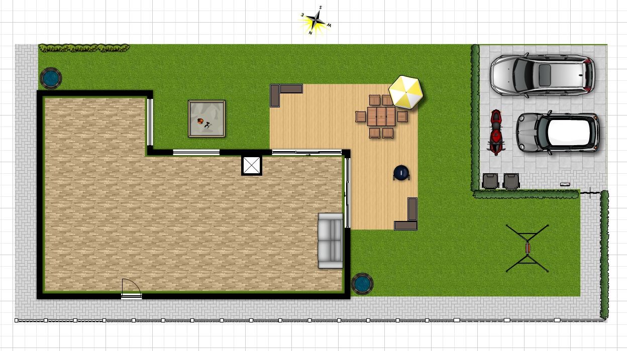 Grundriss eines Hauses mit Terrasse, Garten, Vorplatz und Parkplätzen