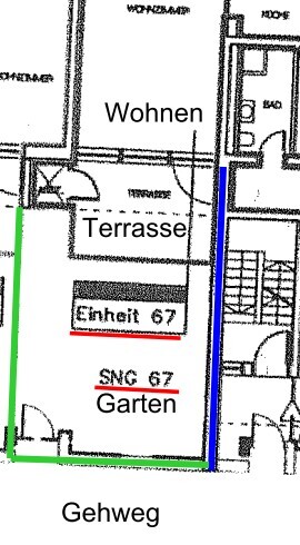 Grundrissplan mit Wohnzimmer, Terrasse und Garten sowie Gehweg