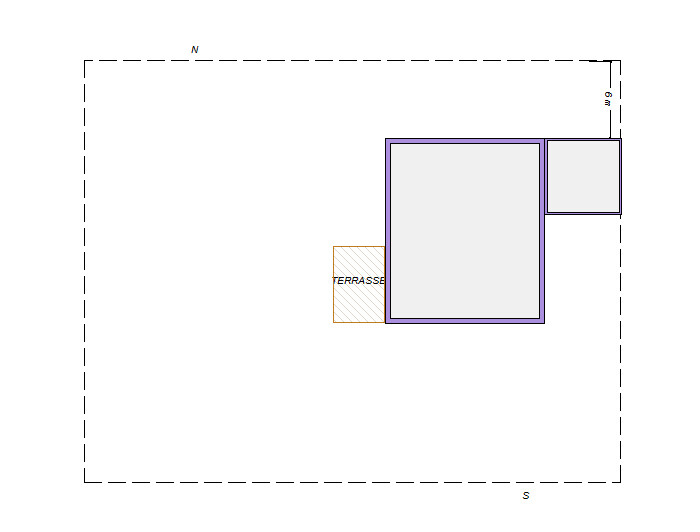 Lageplan: Großes Quadrat mit violetter Kontur, rechts kleines Quadrat, Terrasse links.