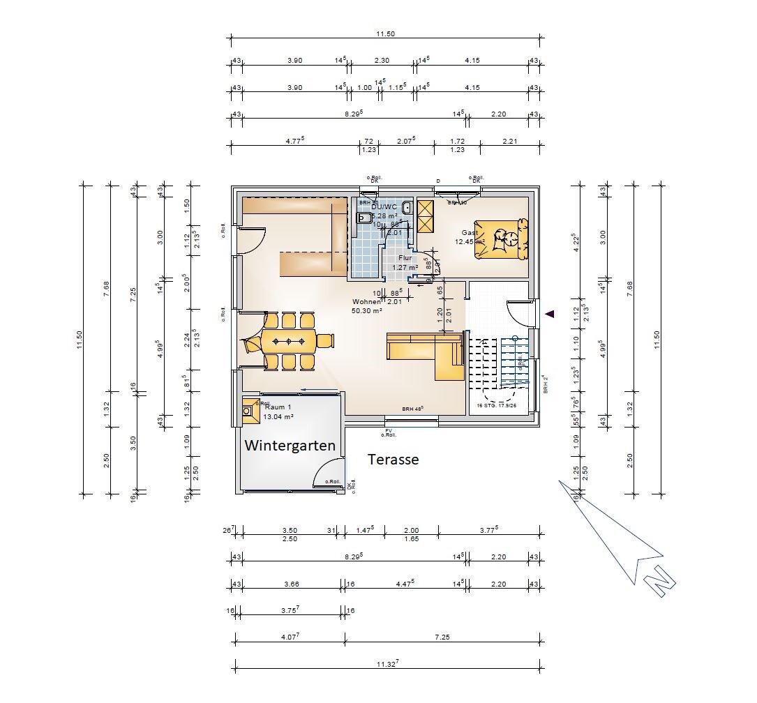 Grundriss eines Hauses: Terrasse, Wintergarten, Wohnzimmer, Küche, Schlafzimmer.