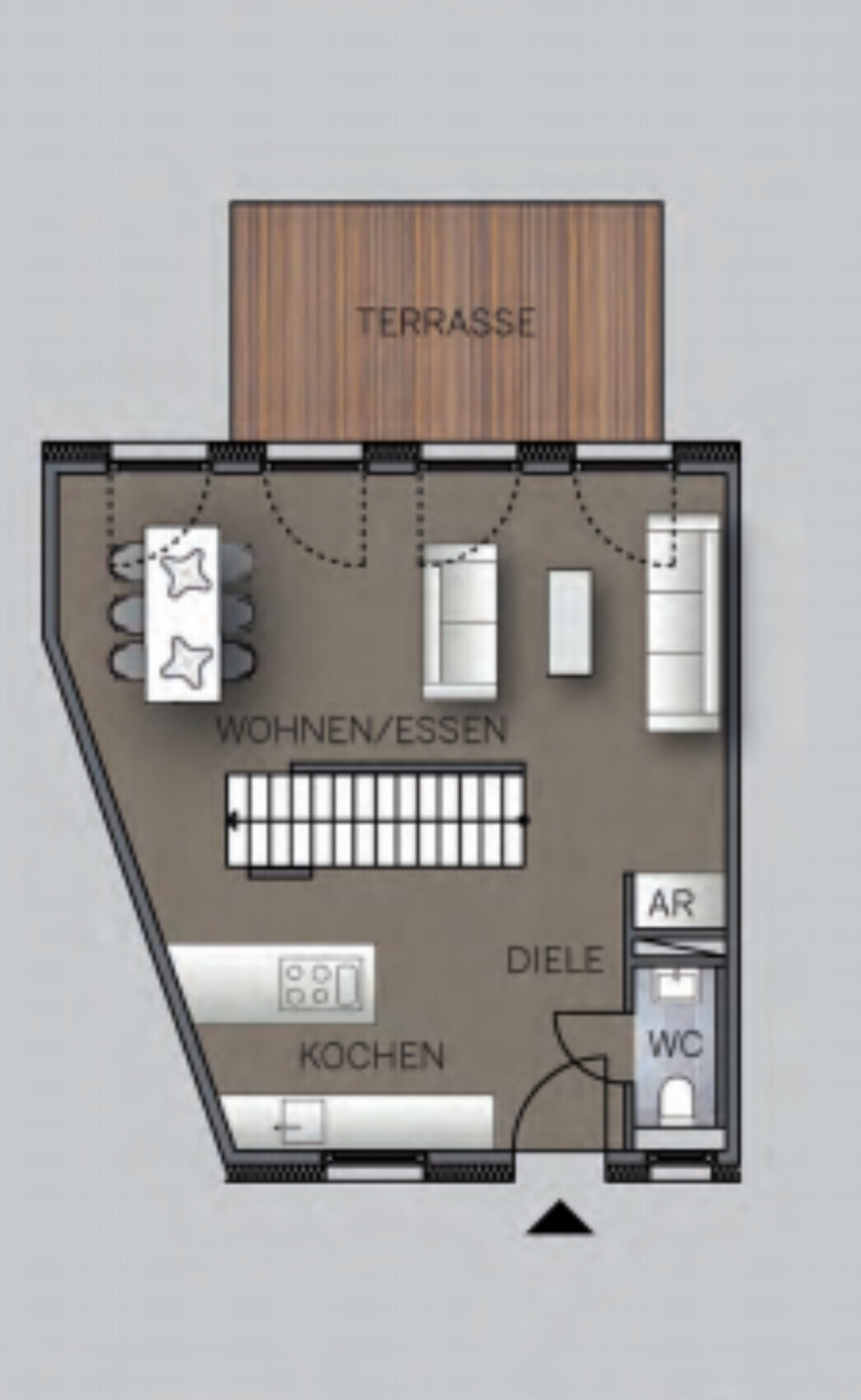 Grundriss eines Wohnungsplans: Terrasse oben, offener Wohn-/Essbereich, Küche, Diele, WC.