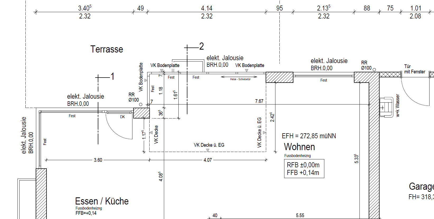Grundrissplan eines Wohnbereichs mit Terrasse, Küche und Essbereich im Hausbau