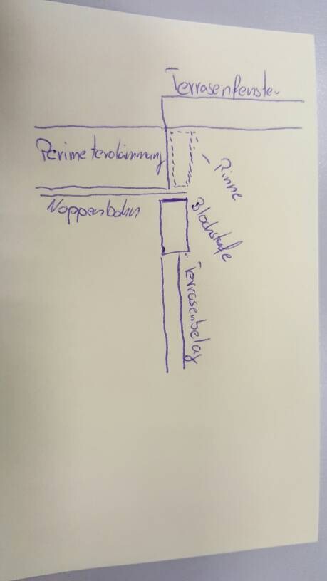 Handskizze eines Grundrisses mit Terrassenfenster und Türöffnung, grobe Linien