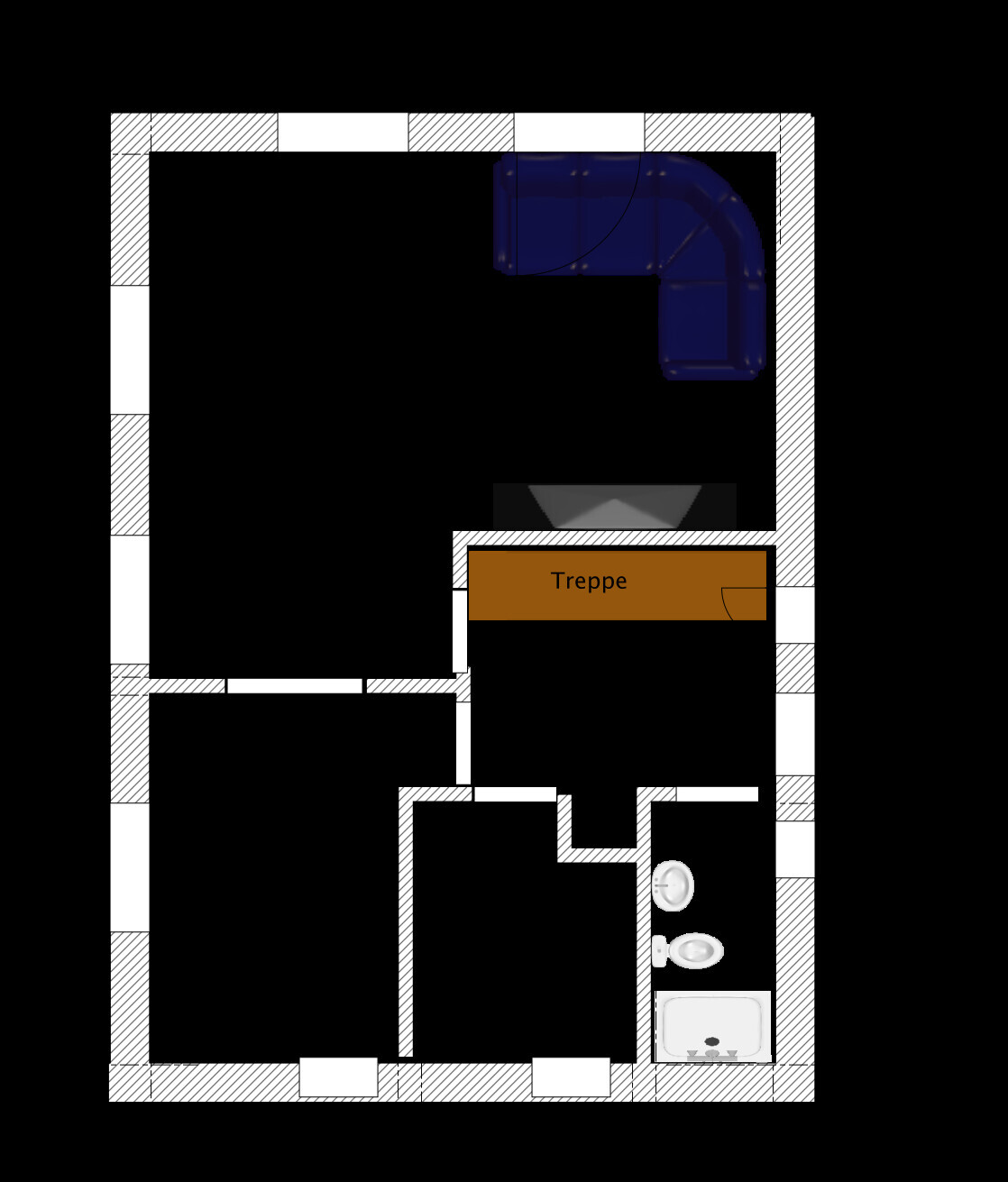 Grundriss eines Raums mit blauer Eckcouch und Treppe (Treppe), Bad mit Waschbecken.