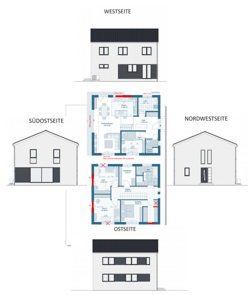 2D-Grundriss eines Hauses mit Zimmeraufteilung und Fassadenansichten von mehreren Seiten