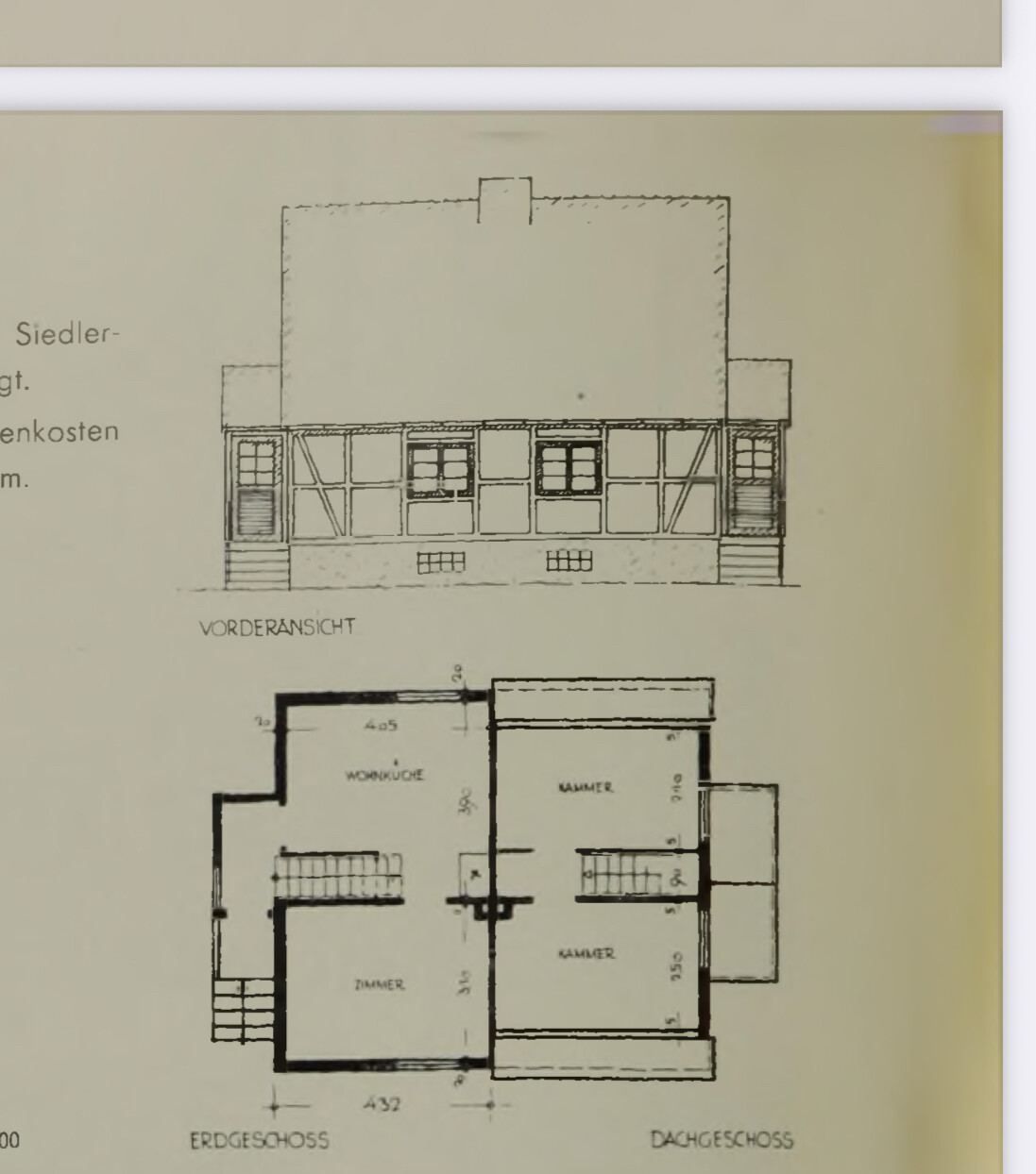 Architektenzeichnung: Vorderansicht und Grundriss eines Hauses mit Erdgeschoss und Dachgeschoss.