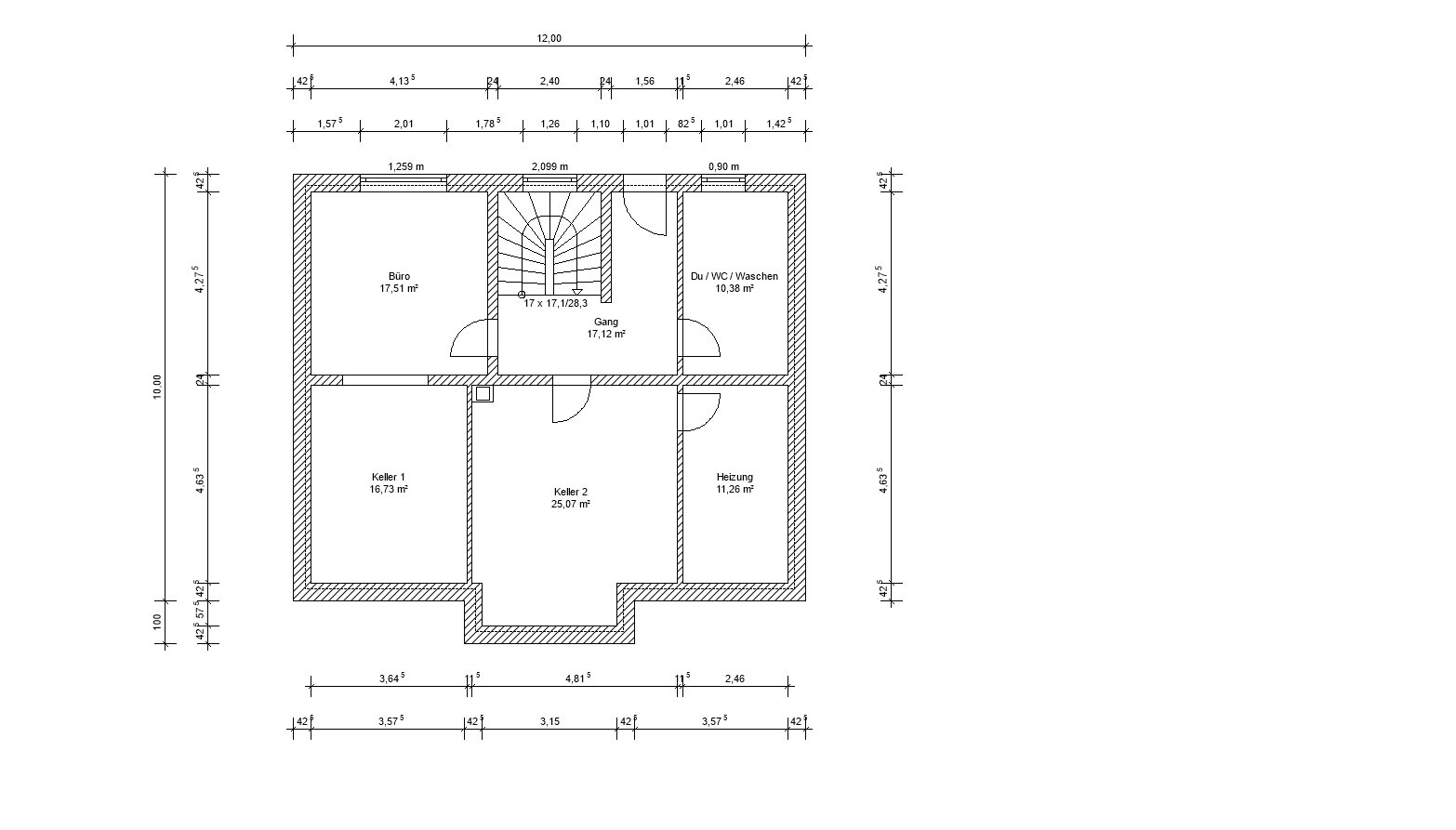 Grundriss eines Kellergeschosses: Büro, Gang, Du/WC/Waschen, Keller 1, Keller 2, Heizung; Treppe.