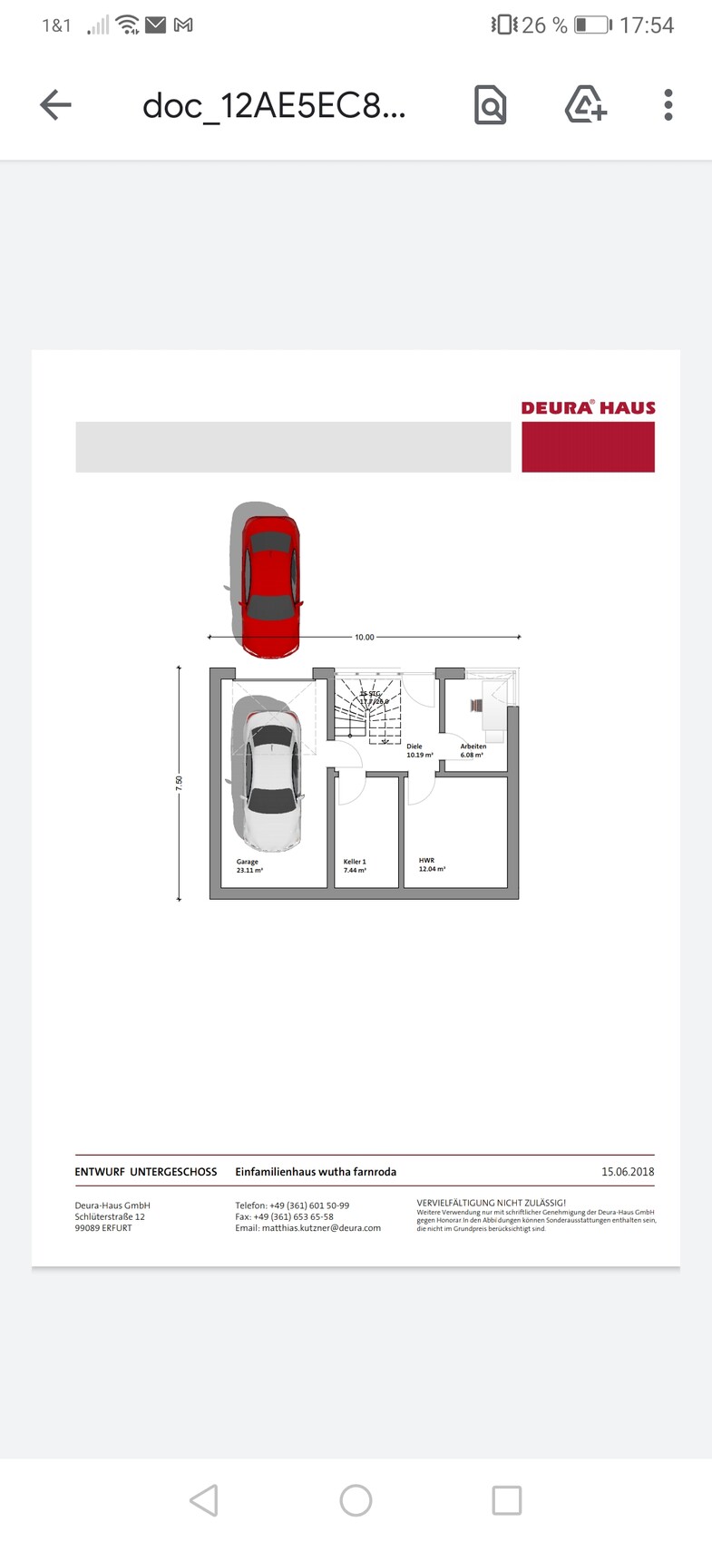 Grundriss Untergeschoss eines Einfamilienhauses: Garage, Diele, Keller, HWR, Arbeiten