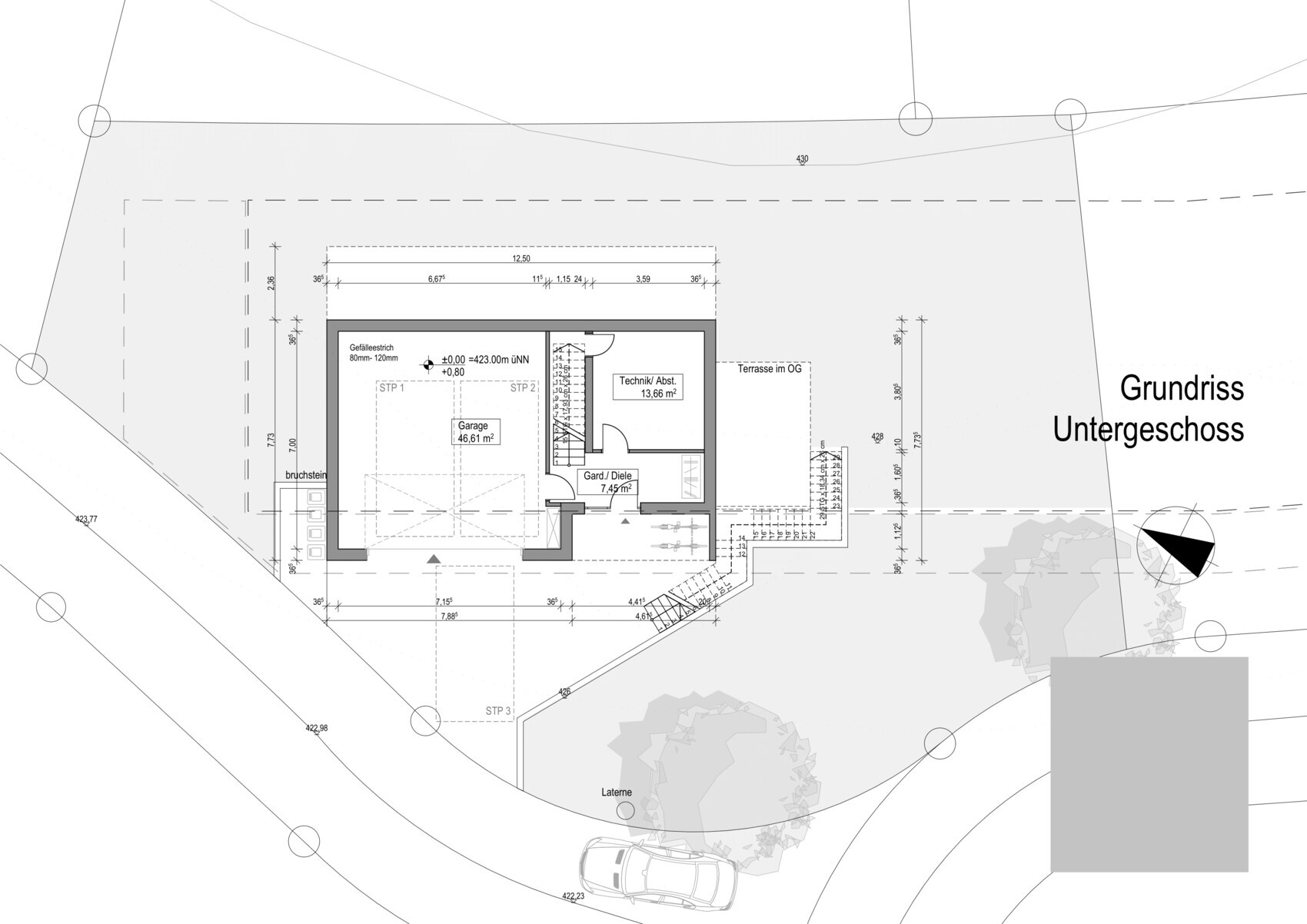 Grundriss Untergeschoss mit Garage, Technikraum und Treppe auf Architektenplan