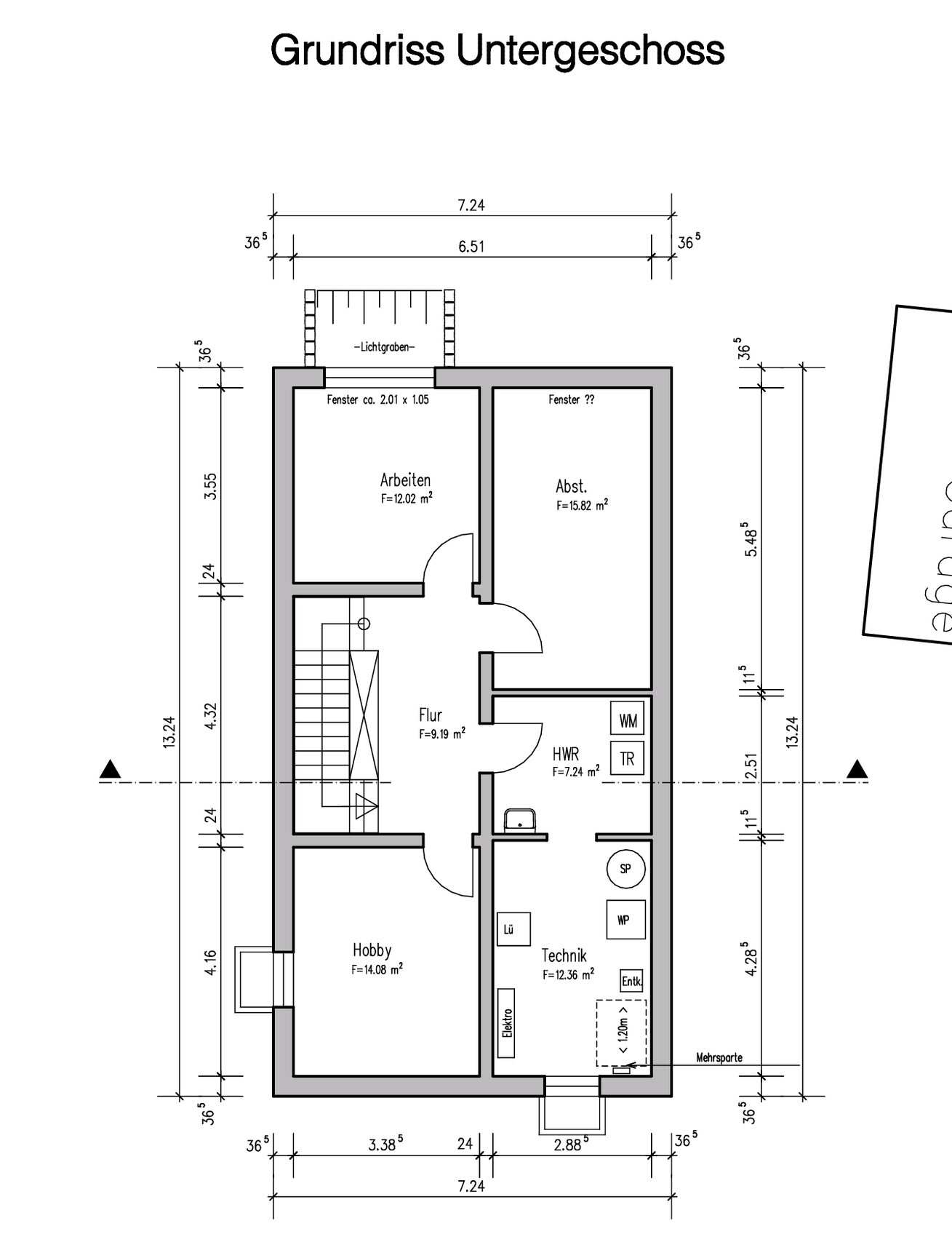 Grundriss Untergeschoss: Räume Arbeiten, Abst., Hobby, Technik, HWR, Flur, Treppenhaus.