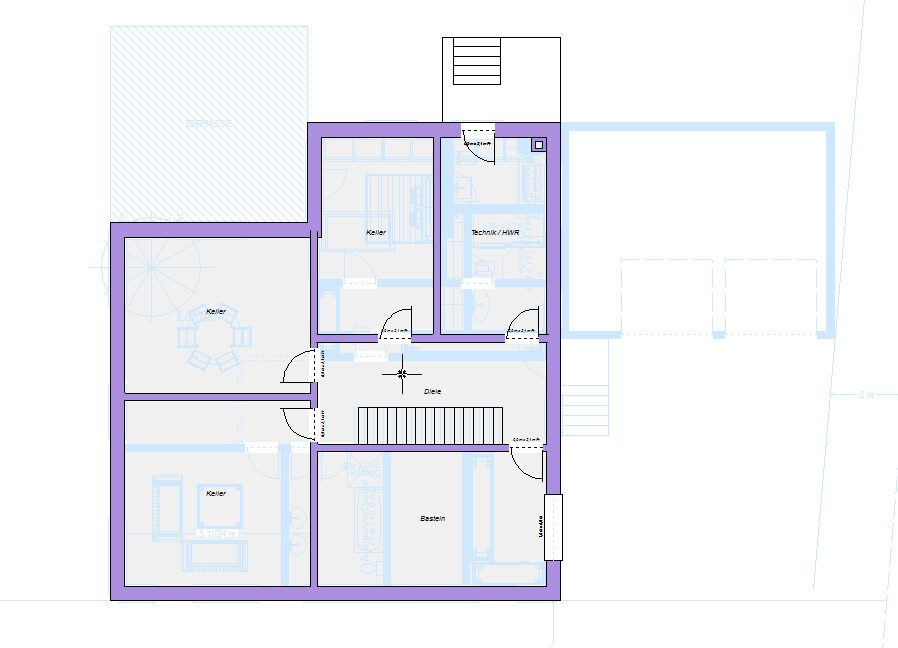 Untergeschoss Grundriss mit Kellern, Diele, Technik/HWR und Treppen