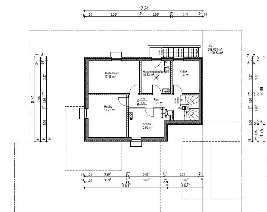 Grundriss eines Hauses mit Räumen Abstellraum, Hobbyraum, Technik, Flur, Hauswirtschaftsraum, Keller