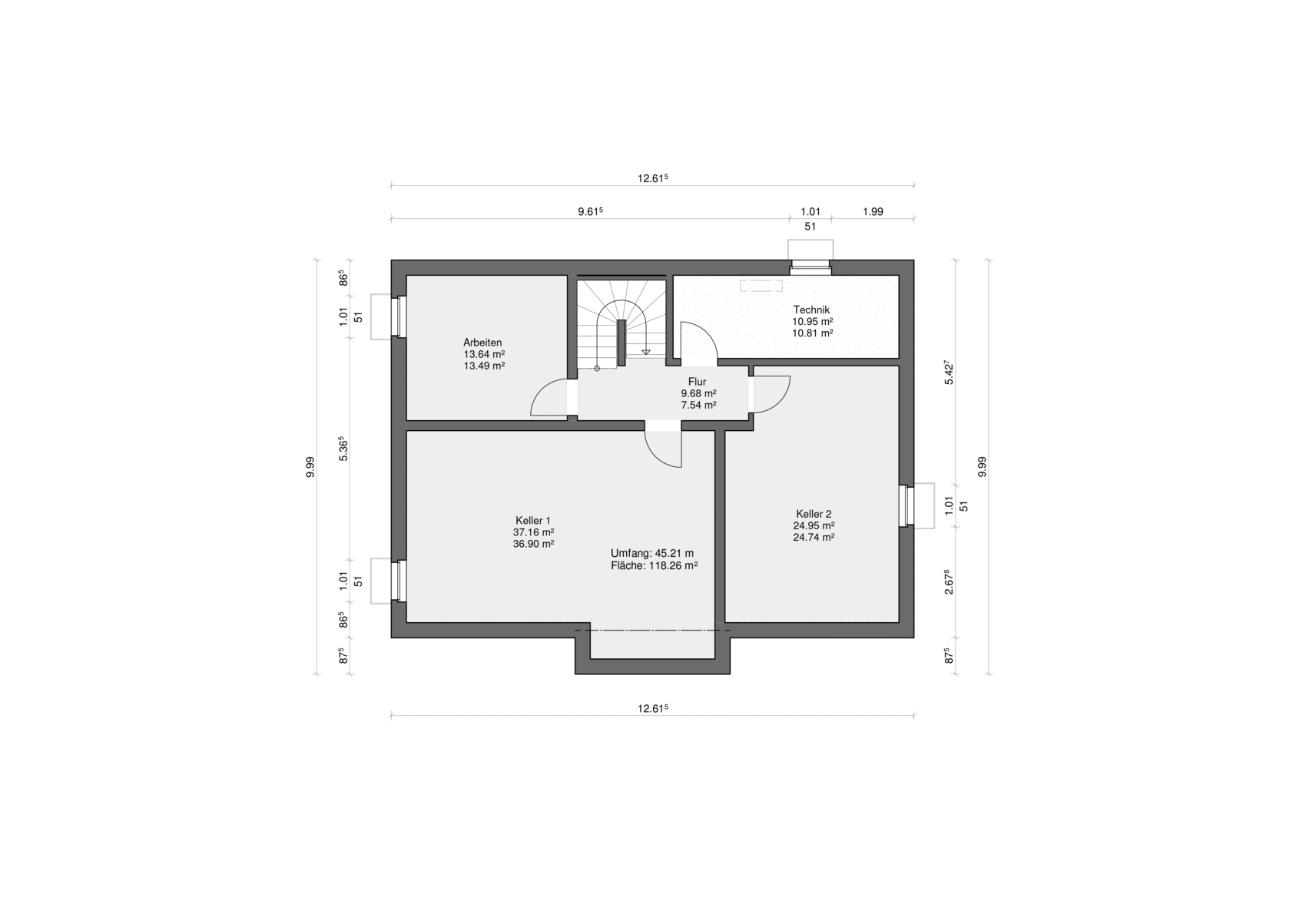 Grundriss Kellergeschoss mit Arbeiten, Keller 1, Keller 2, Technik und Flur.
