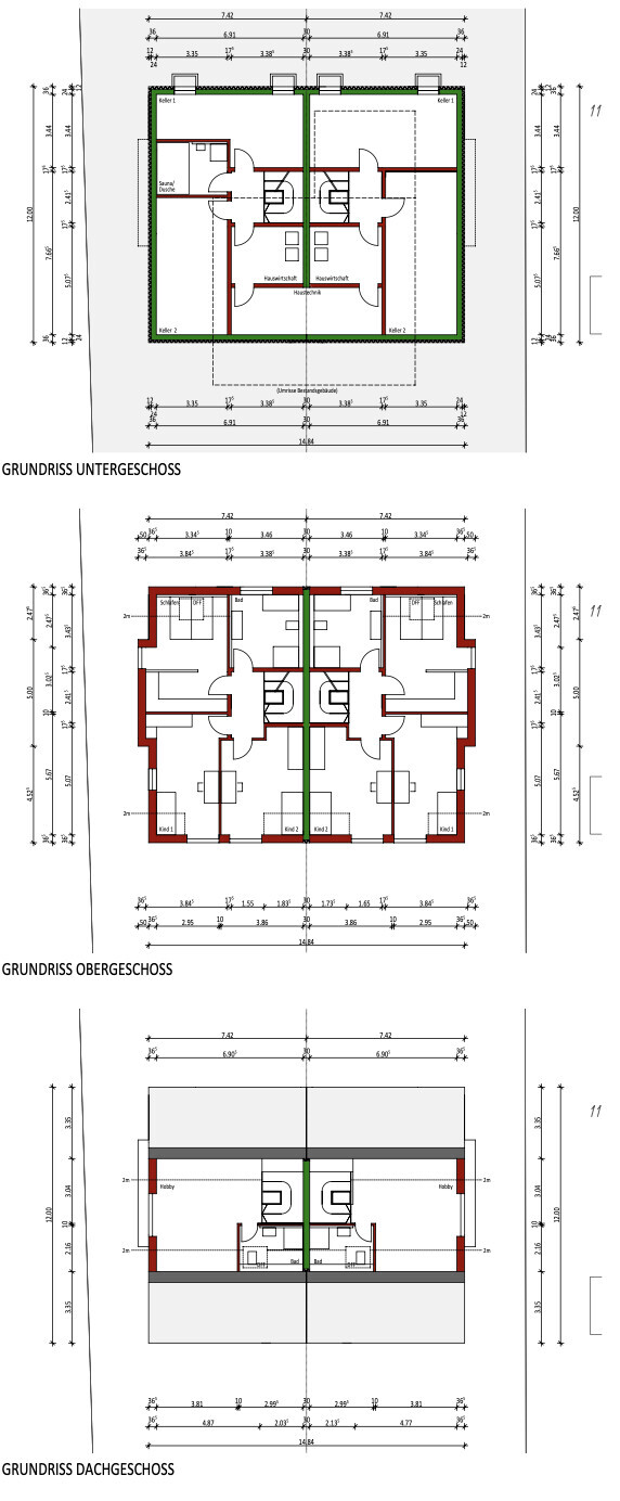 Dreiteilige Gebäude-Grundrisse: Untergeschoss, Obergeschoss und Dachgeschoss mit Treppenhaus.