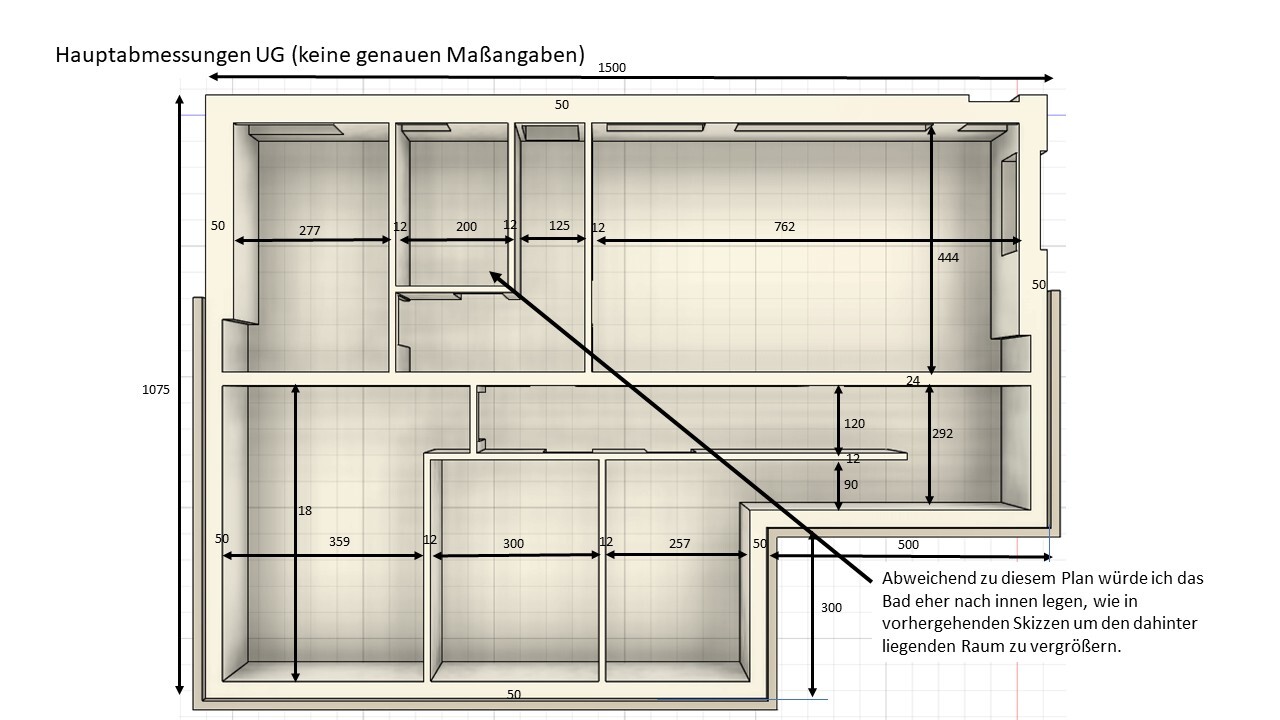 Detaillierter Grundrissplan eines Hauses mit Abmessungen und Raumaufteilung im UG.