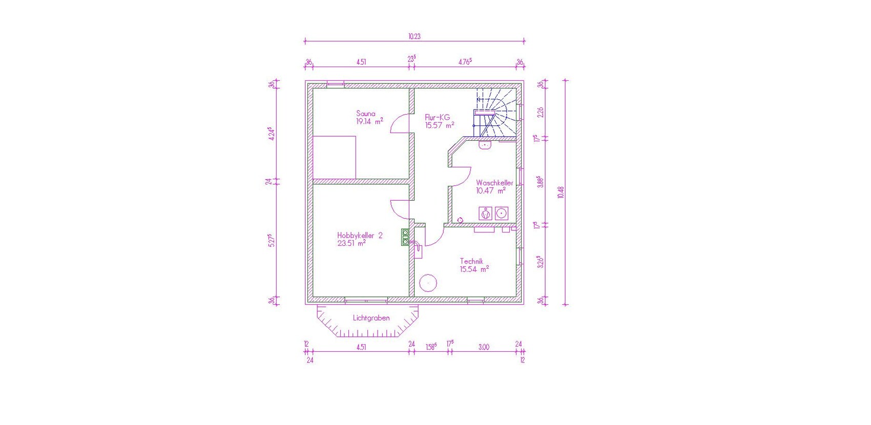 Grundrissplan Untergeschoss mit Sauna, Waschkeller und Technikraum