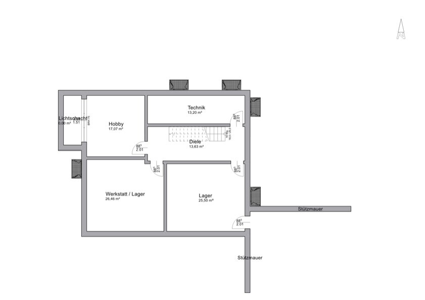Grundriss Kellergeschoss mit Technik, Diele, Hobby, Werkstatt/Lager, Lager und Lichtschacht.