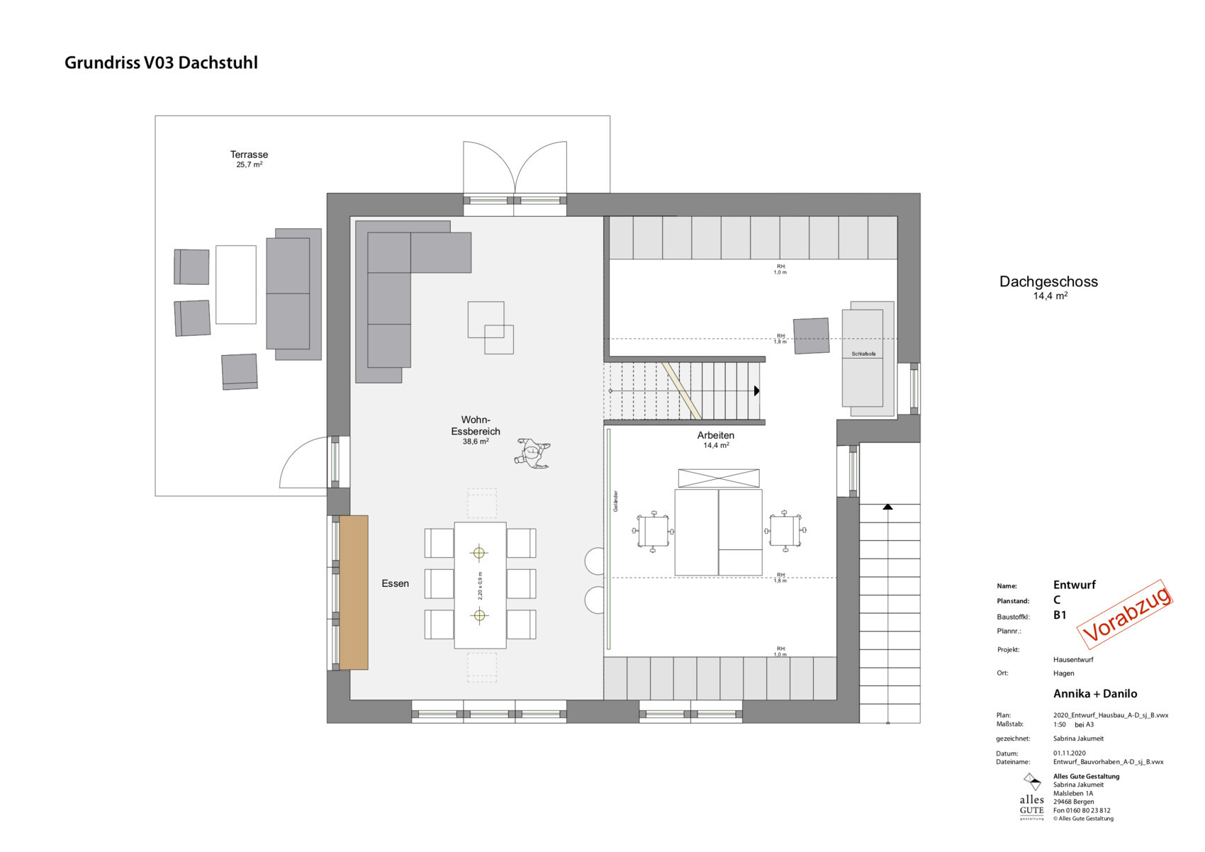 Detailierter Grundriss V03 Dachstuhl mit Terrasse, Wohn- und Essbereich, Arbeitsbereich