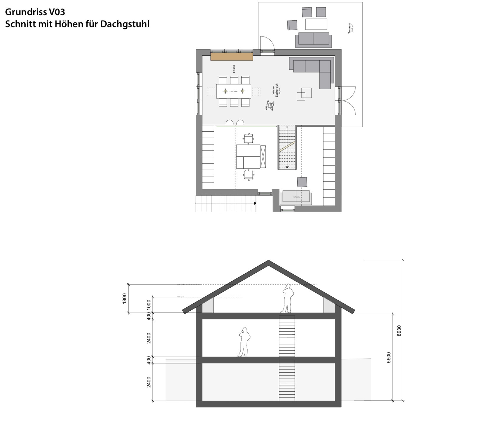 Grundriss V03: Haus mit Obergeschoss (Ess-, Wohnbereich, Terrasse) und Dachstuhl-Schnitt.