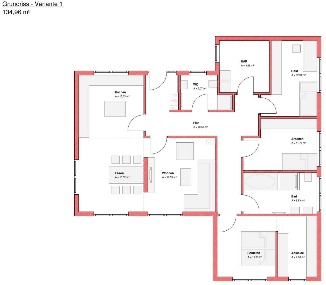 Grundriss eines Hauses mit Küche, Essen, Wohnen, Flur, Bad, Schlafen und Arbeitszimmer