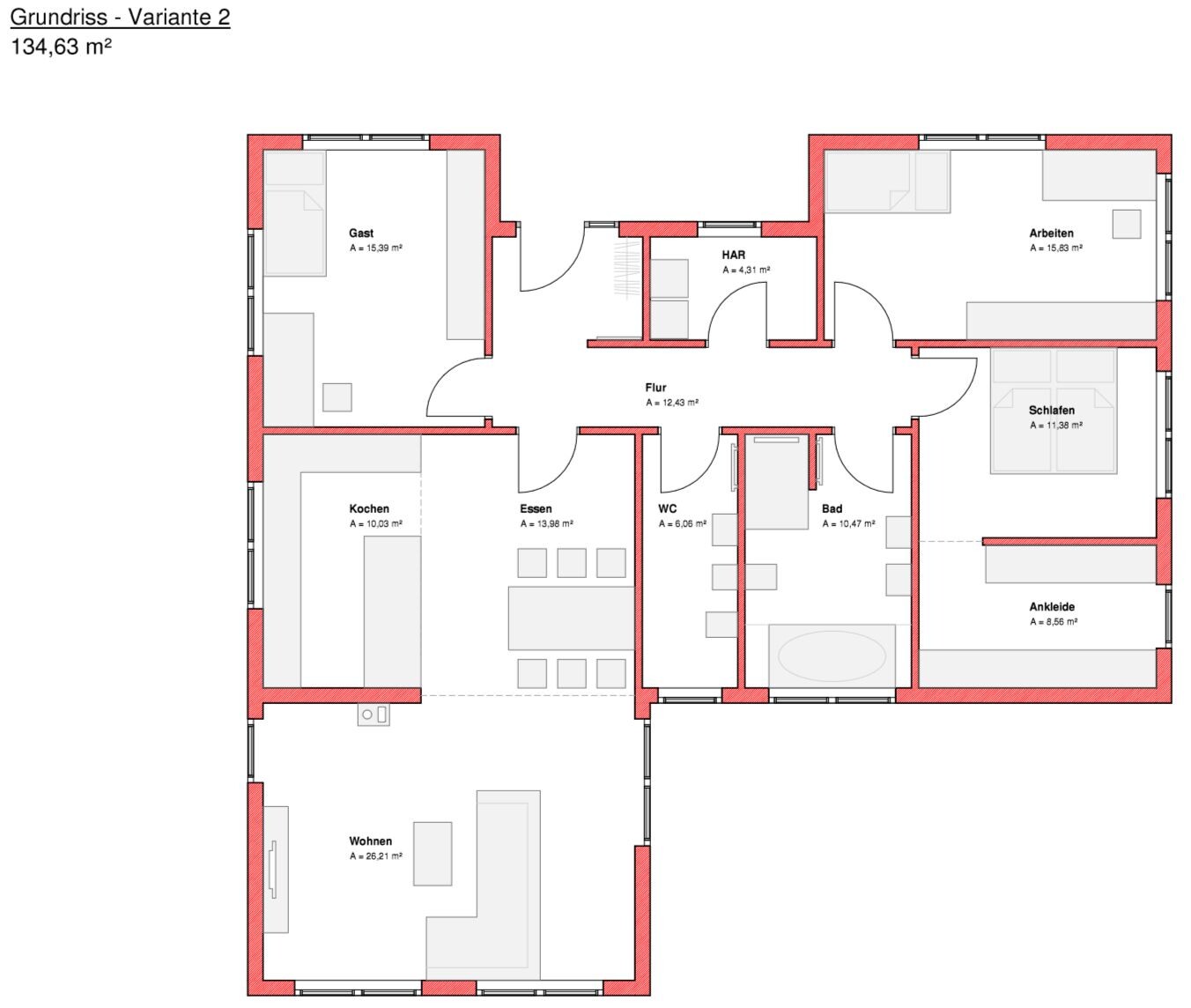 Detaillierter Haus-Grundriss mit Wohnzimmer, Küche, Essen, Schlafen, Bad und Flur