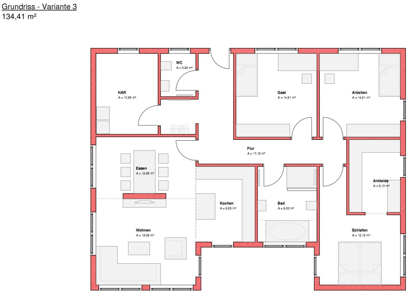 Grundriss Variante 3: Wohnen, Essen, Kochen, Bad, Schlafen, Gast, Arbeiten, HAR, WC, Flur.