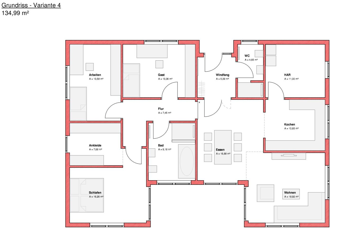 Grundriss - Variante 4 eines Hauses: Wohnen, Essen, Kochen, Schlafen, Bad, Flur, Gast, Arbeiten.