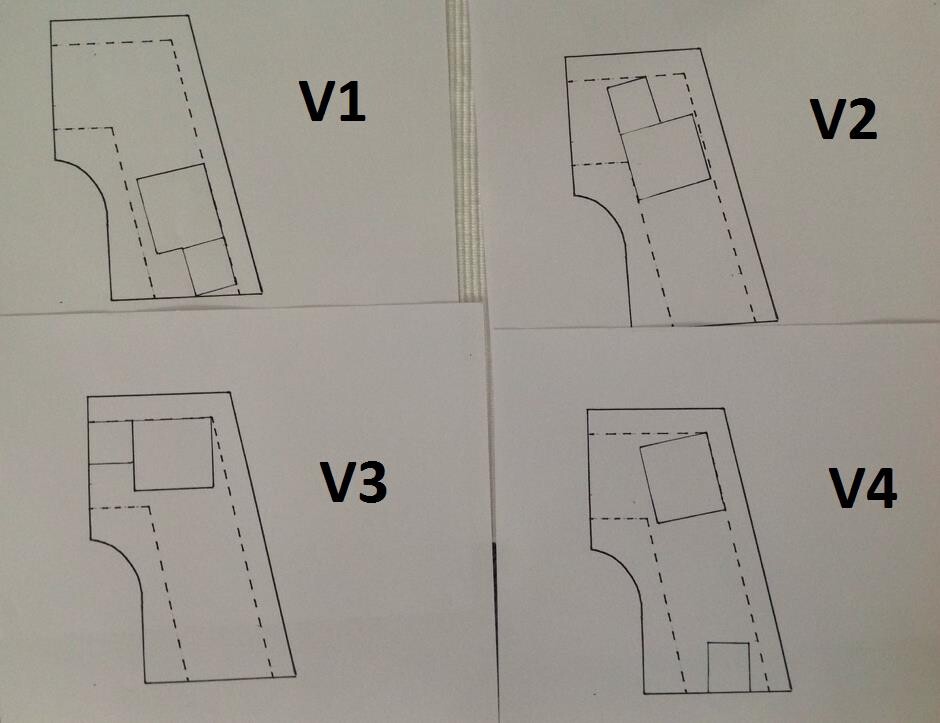 Vier Grundrisspläne für ein Baugrundstück mit Hausanordnung (V1–V4)