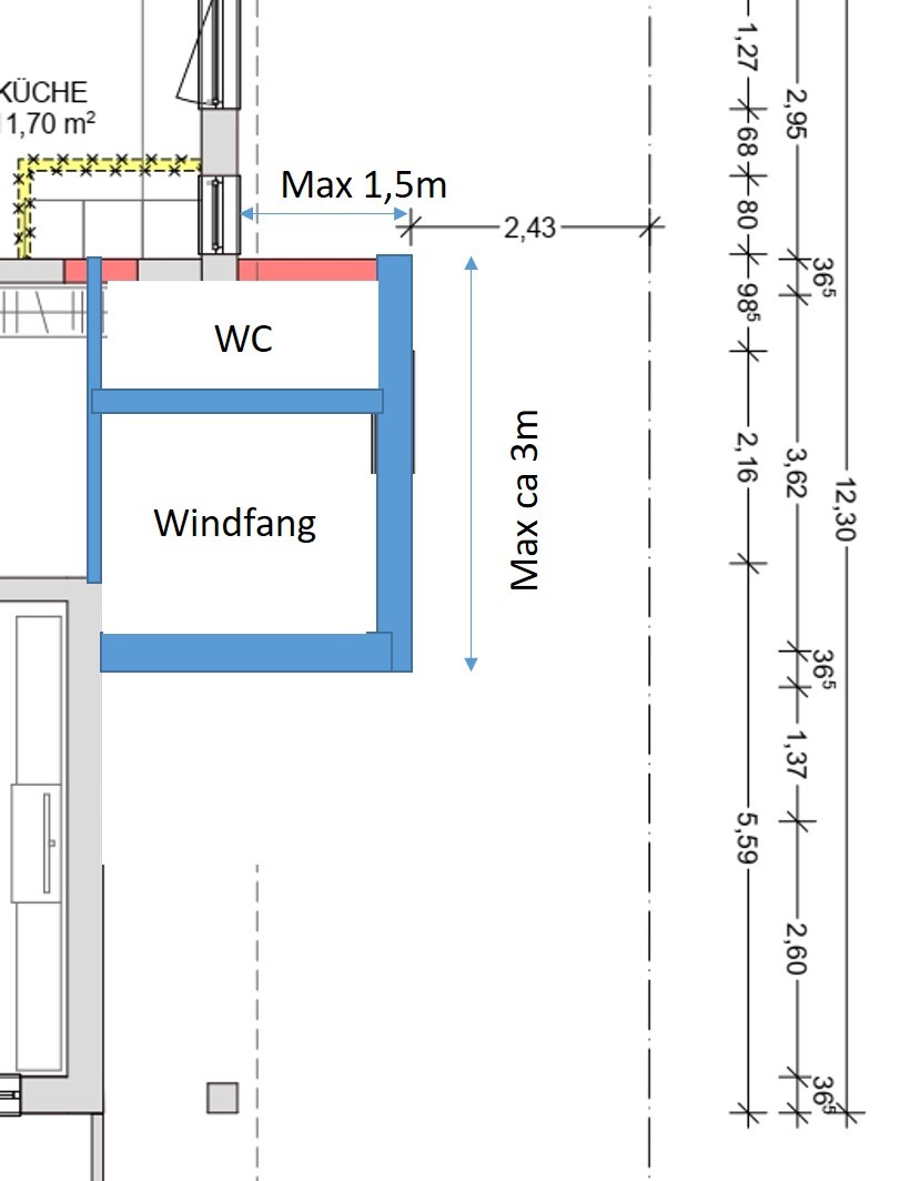 Grundriss: Windfang und WC neben Küche; blaue Rahmen, Maße Max 3 m x 1,5 m.