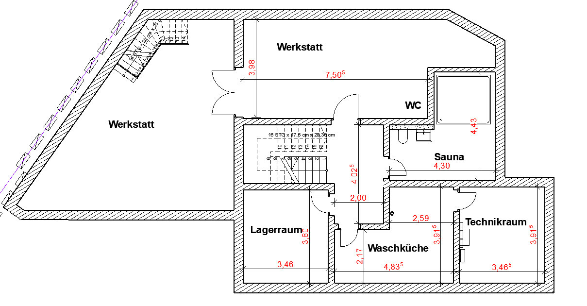 Grundriss eines Gebäudes mit zwei Werkstätten, Lager, Waschküche, Technikraum, Sauna und WC