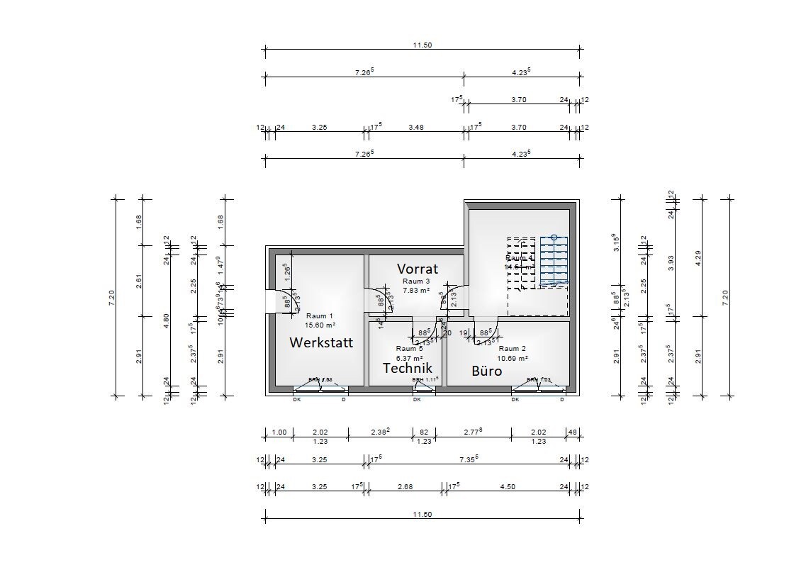 Grundriss eines Gebäudekomplexes mit Werkstatt, Technik, Büro und Vorrat