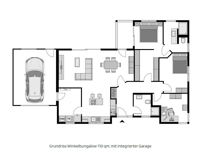 Grundriss: Winkelbungalow 110 qm mit integrierter Garage, offene Wohnküche, Schlafzimmer.