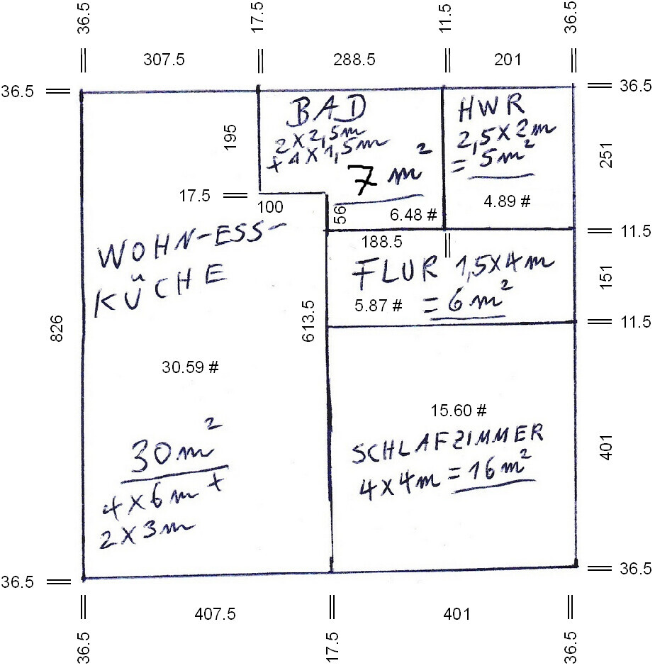 Grundriss einer Wohnung mit Wohn- Essbereich, Küche, Flur, Bad und Schlafzimmer