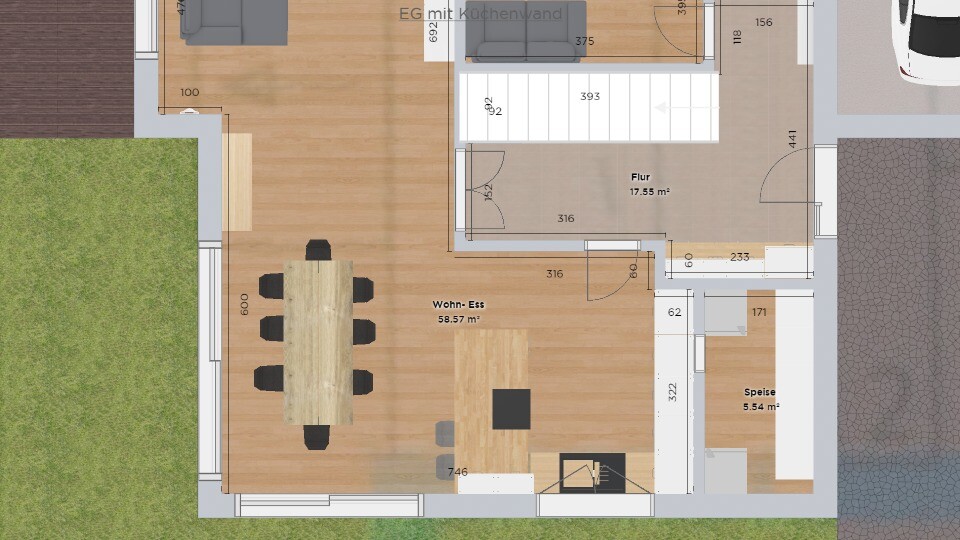 Grundriss EG: offener Wohn- und Essbereich, Küche, Speise, Flur, Treppe, Parkplatz, Garten.