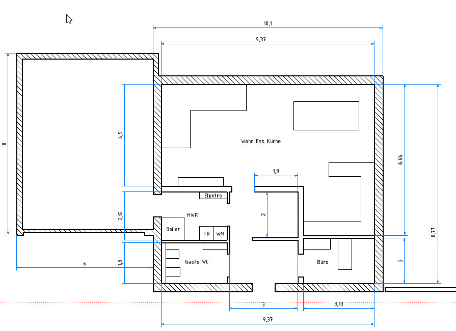 Grundriss eines Hauses mit offener Wohn-Ess-Küche, Büro, Gäste-WC und Technikraum.
