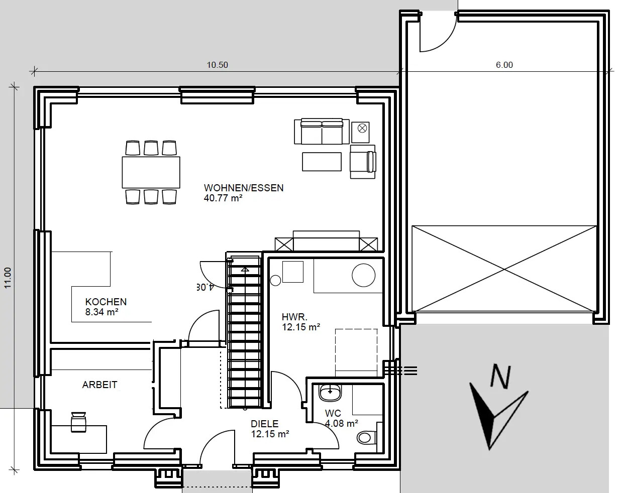 Grundriss eines Hauses mit Wohn- und Essbereich, Küche, Diele und HWR