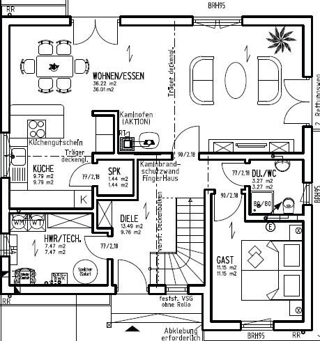 Grundriss eines Wohn- und Essbereichs mit Küche, Diele und Gästezimmer