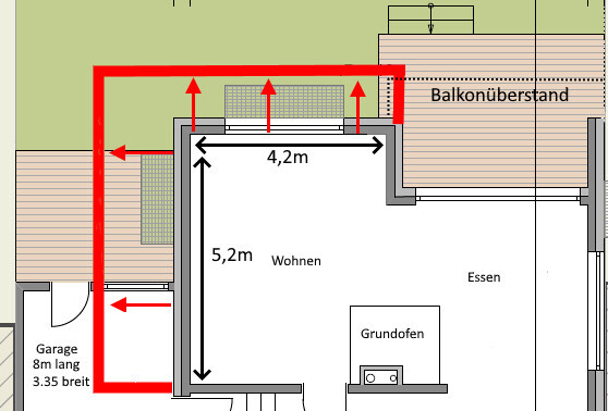 2D-Grundrissplan mit Wohnzimmer, Essbereich, Terrasse und Garage