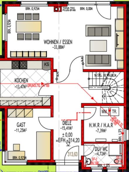 Grundriss: Wohn/Essbereich, Küche, Gästezimmer, Diele, HWR, Dusche/WC, Treppe
