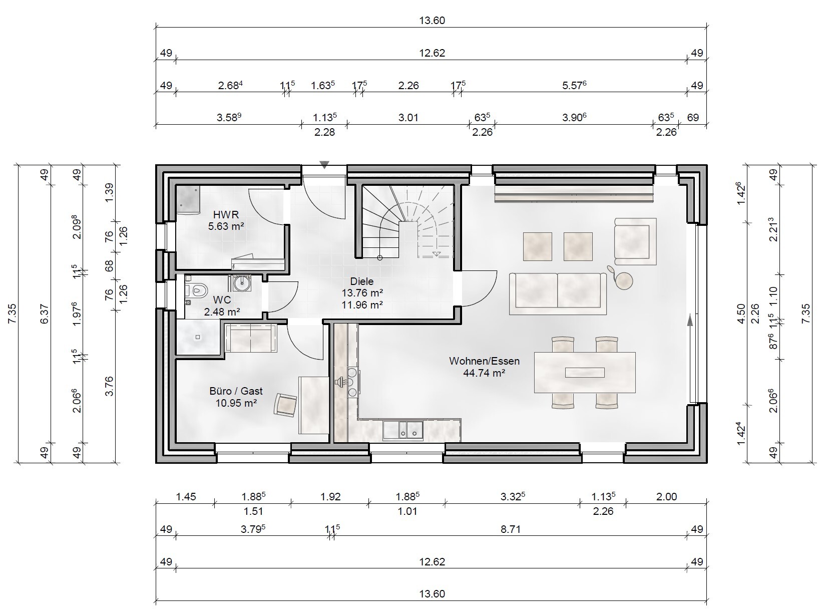 Grundrissplan eines Hauses mit Wohnzimmer, Wohnen/Essen, Büro/Gast, Diele und Treppe