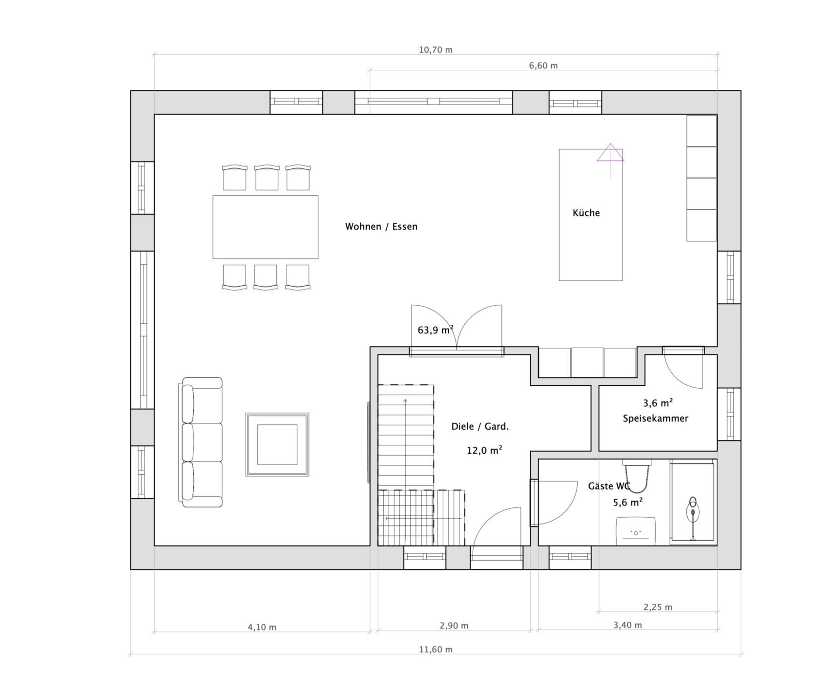 Grundriss eines Hauses: offenes Wohnen/Essen mit Küche, Diele, Gäste-WC, Speisekammer.