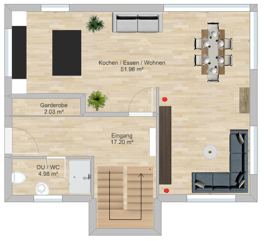 Grundriss eines Hauses mit offener Küche, Essbereich, Wohnzimmer und Eingangsbereich