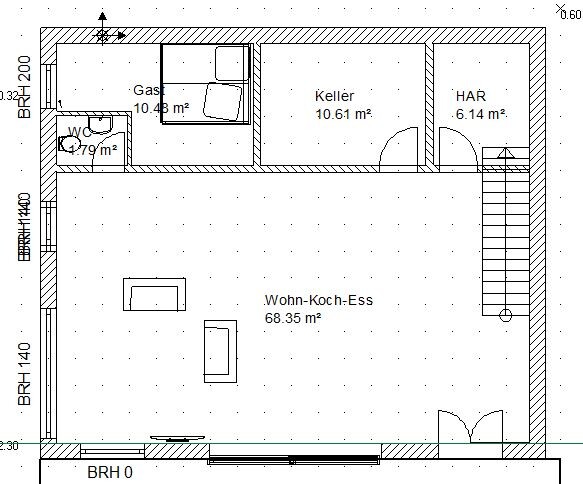 Grundriss eines Hauses: offener Wohn-Koch-Ess-Bereich, WC, Keller, HAR, Gas-/Schlafraum und Treppe.