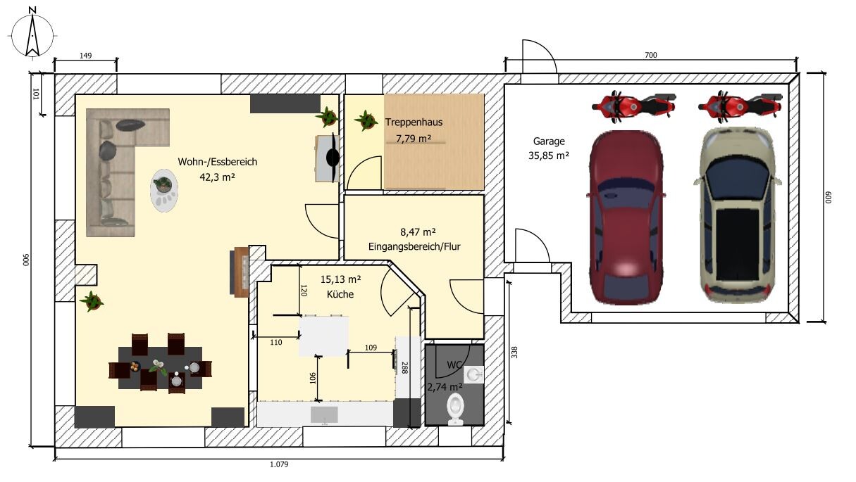 2D Grundrissplan zeigt Wohn- und Essbereich, Küche, Eingangsbereich und Garage.