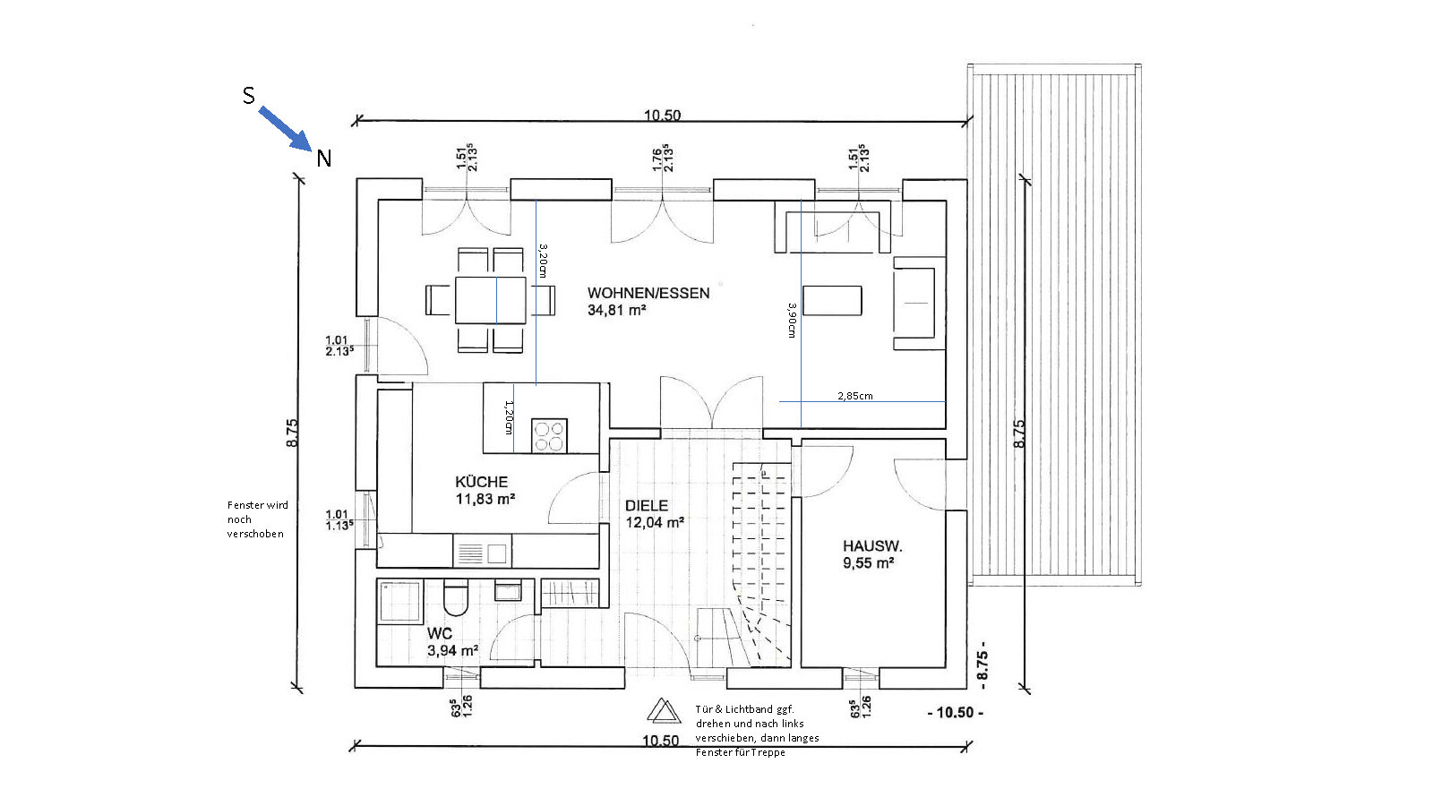 Grundriss eines Hauses: Wohn-/Esszimmer, Küche, Diele, WC, Hauswirtschaftsraum und Terrasse rechts.