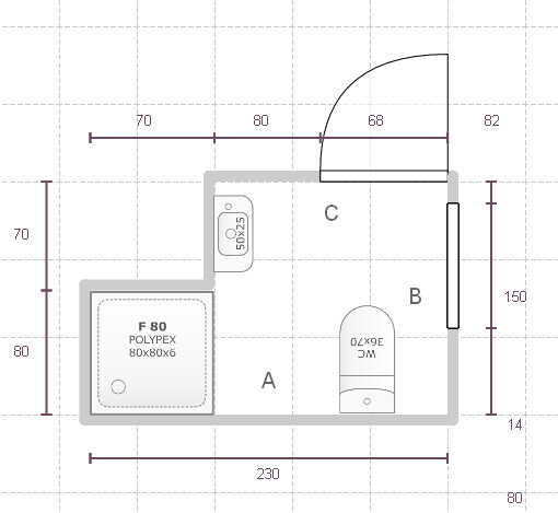 2D-Grundriss eines Wohnbereichs mit Bad und Küchenbereich, Zonen A, B, C