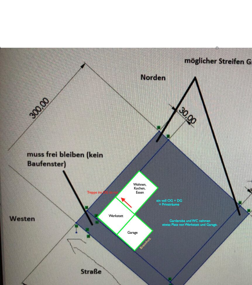 2D Grundrissplan eines Hauses mit Wohnbereich, Kochen und Essbereich, Werkstatt und Garage