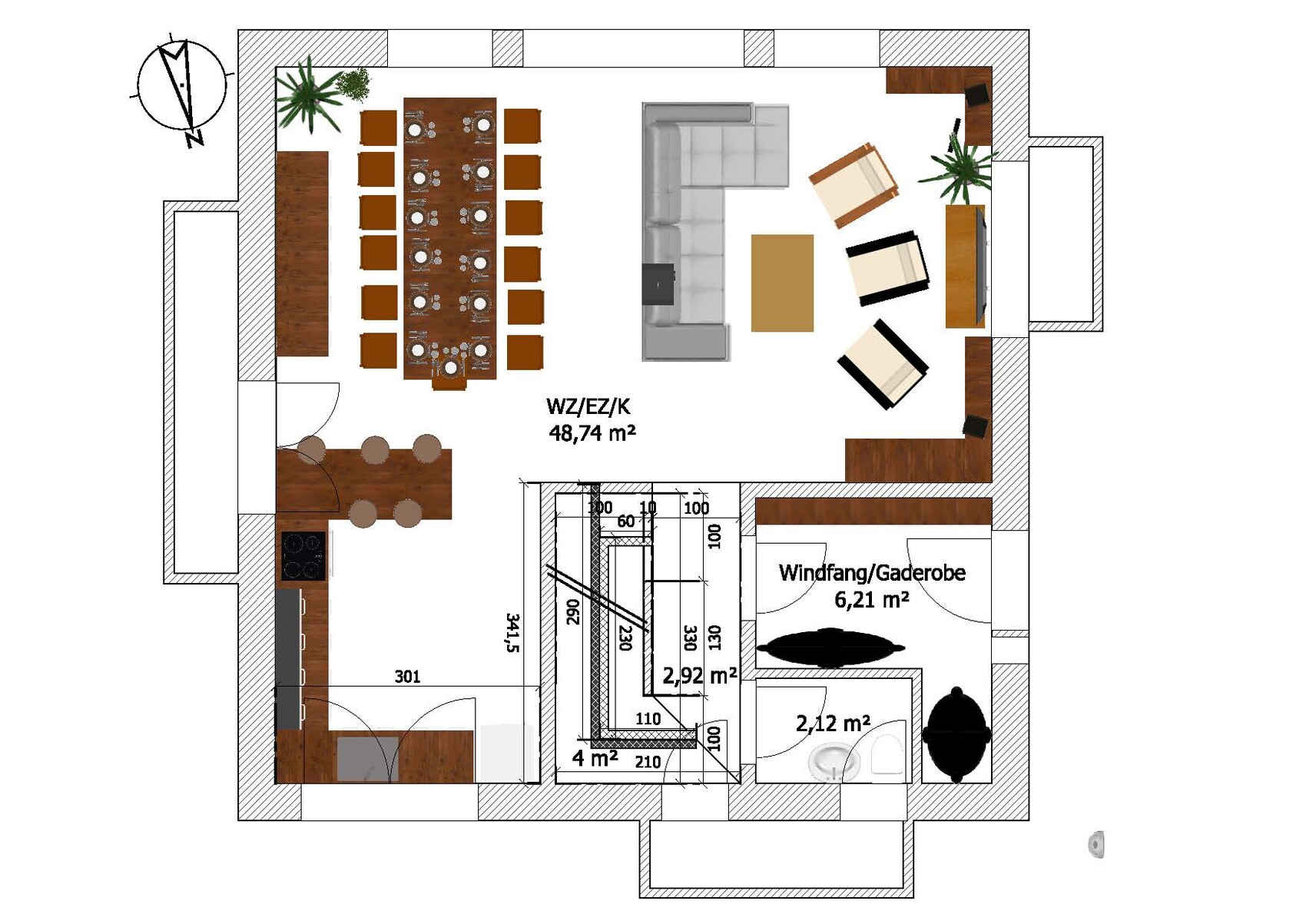 Grundriss eines Wohn- und Essbereichs mit Esstisch, Couch-Lounge und Garderobe.