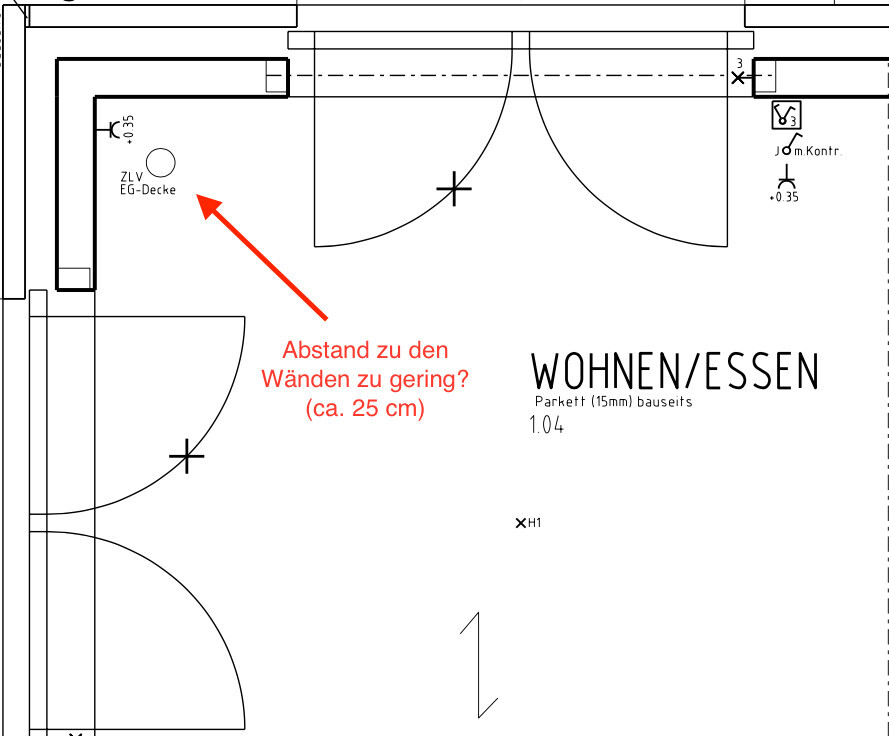Grundriss: Wohn-/Essbereich mit Türen; Hinweis: Abstand zu Wänden ca. 25 cm