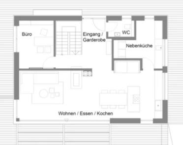 Offener Grundriss mit Wohn-/Essbereich, Küche, Büro, Eingang und WC